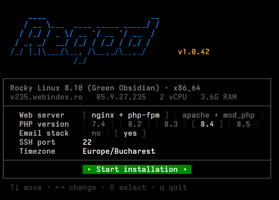 The Reqad installer in a terminal: detected OS and hardware, then rows for web server, PHP version, email stack, SSH port and timezone, with the Start installation button highlighted