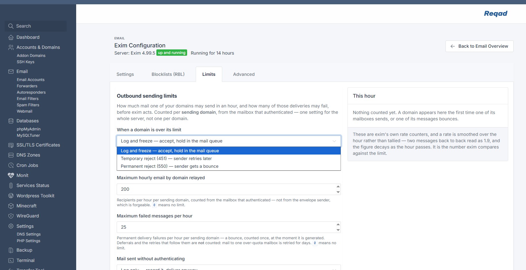 Reqad Exim configuration - outbound sending limits